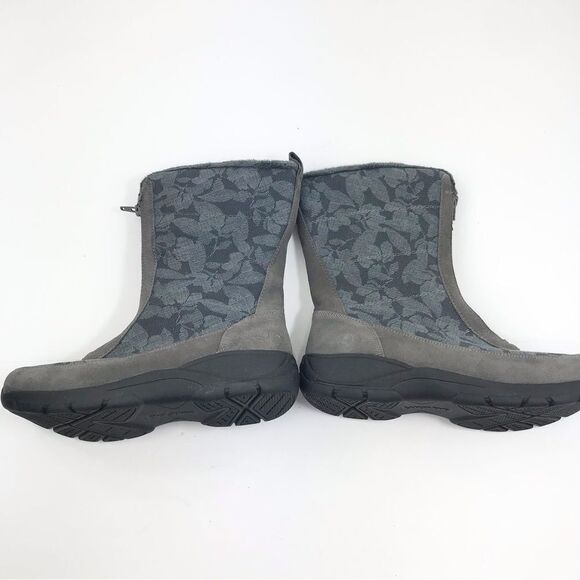 Land’s End Gray Suede Floral Canvas Front Zip Faux Fur Lined Thermolite Boot NEW - Picture 5 of 16